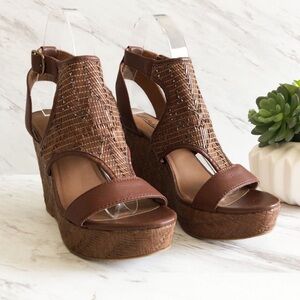 Lucky Brand Sandals Womens 8.5 Laffertie Wedge Heels Shoes Brown Leather Buckle